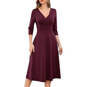Bbonlinedress Women Vintage Cocktail Wedding Guest Church Dress V Neck Wrap 3/ 4 Long Sleeve Midi Tea Prom Dress Burgundy S