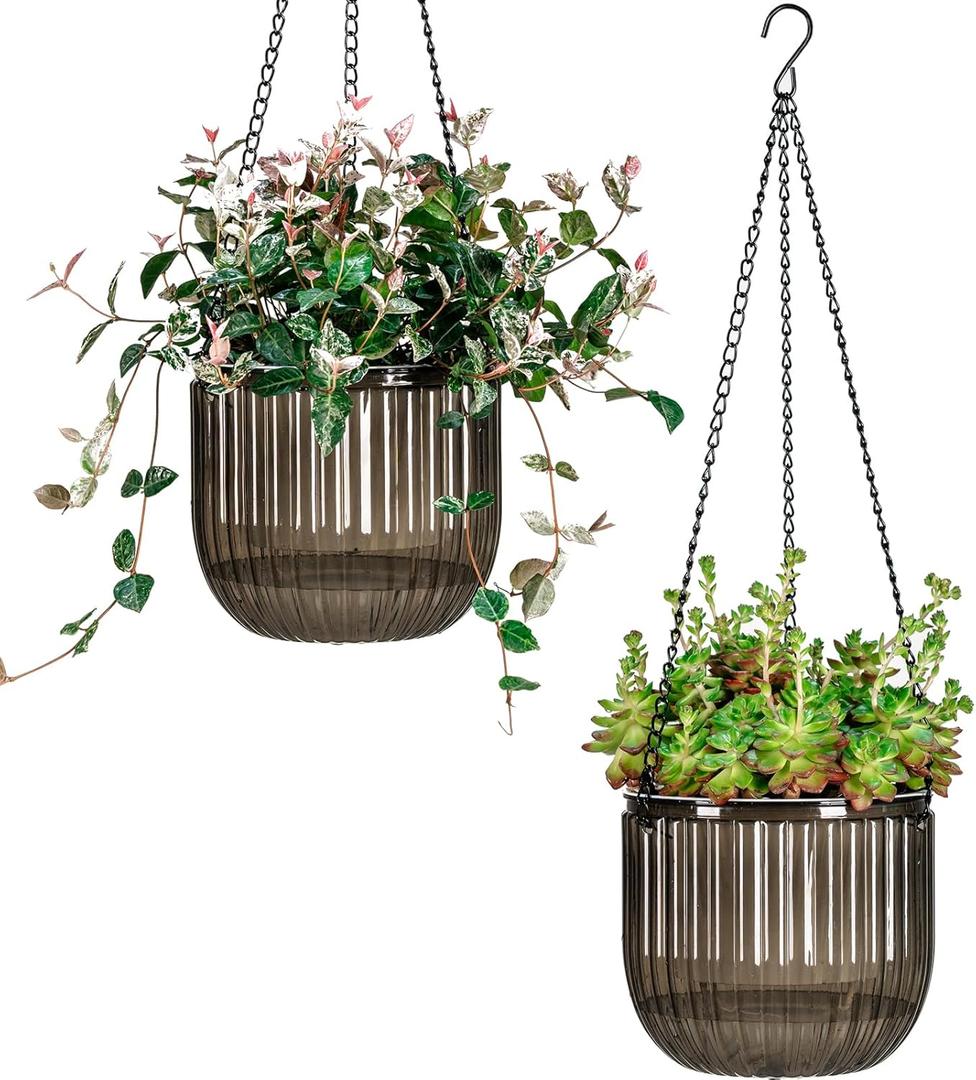Josteve 6.5 Inch 2 Pcs Self Watering Hanging Planter Indoor Plant Pots Drainage Holes, Outdoor Hanging Planters Flower Pot Basket, Visible Water Level, Plant Hanger Home Decor, Gardening (Gray)