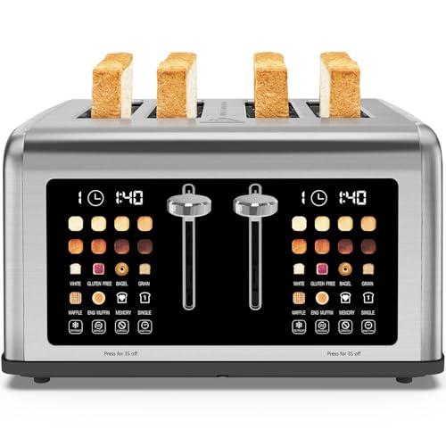 4 Slice Toaster Touch Screen, Stainless Steel Toasters Digital Timer, Dual Control Panel Toasters, 8 Shade Settings 6 Bread Types for Bagel, Cancel, Defrost 1650W
