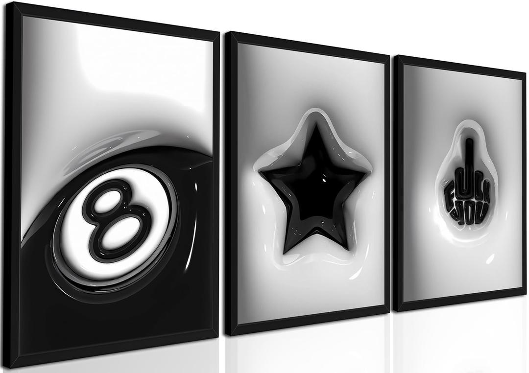 Modern Trendy Wall Art Set of 3, Black and White Lucky 8 Star Wall Decor Paintings Cool Preppy Finger Poster Canvas Prints for Dorm Bedroom Living Room 16x24 inch Framed