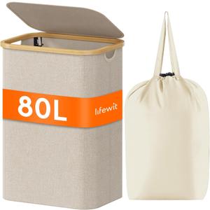 Lifewit 80L Laundry Basket with Lid, Clothes Hampers for Laundry with Bamboo Handles and A Removable Laundry Bag, Large Foldable Laundry Hamper for Bedroom, Bathroom, Dorm, Laundry Room, Beige