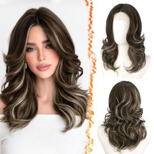BARSDAR Short Wavy Ash Brown Highlight Wig - Shoulder Length Wavy Layered Wigs for Women - Short Layered Wig with Curtain Bangs Soft Synthetic Natural Looking Daily, Ash Brown with Blonde Highlights (16 Inch)