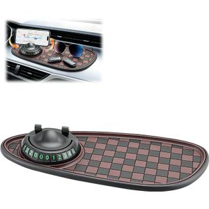 Multifunctional Car Anti-Slip Mat, 360° Rotatable Car Anti Slip Mat Phone Holder, Universal Dashboard Pad with Temporary Parking Number, Dashboard Accessories for Sunglass Chapstick (Black Brown)