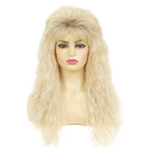 Amnenl Blonde Long Curly Wig for Women 70s 80s Rocker Punk Wigs with Bangs Cosplay Halloween Costume Party Wigs