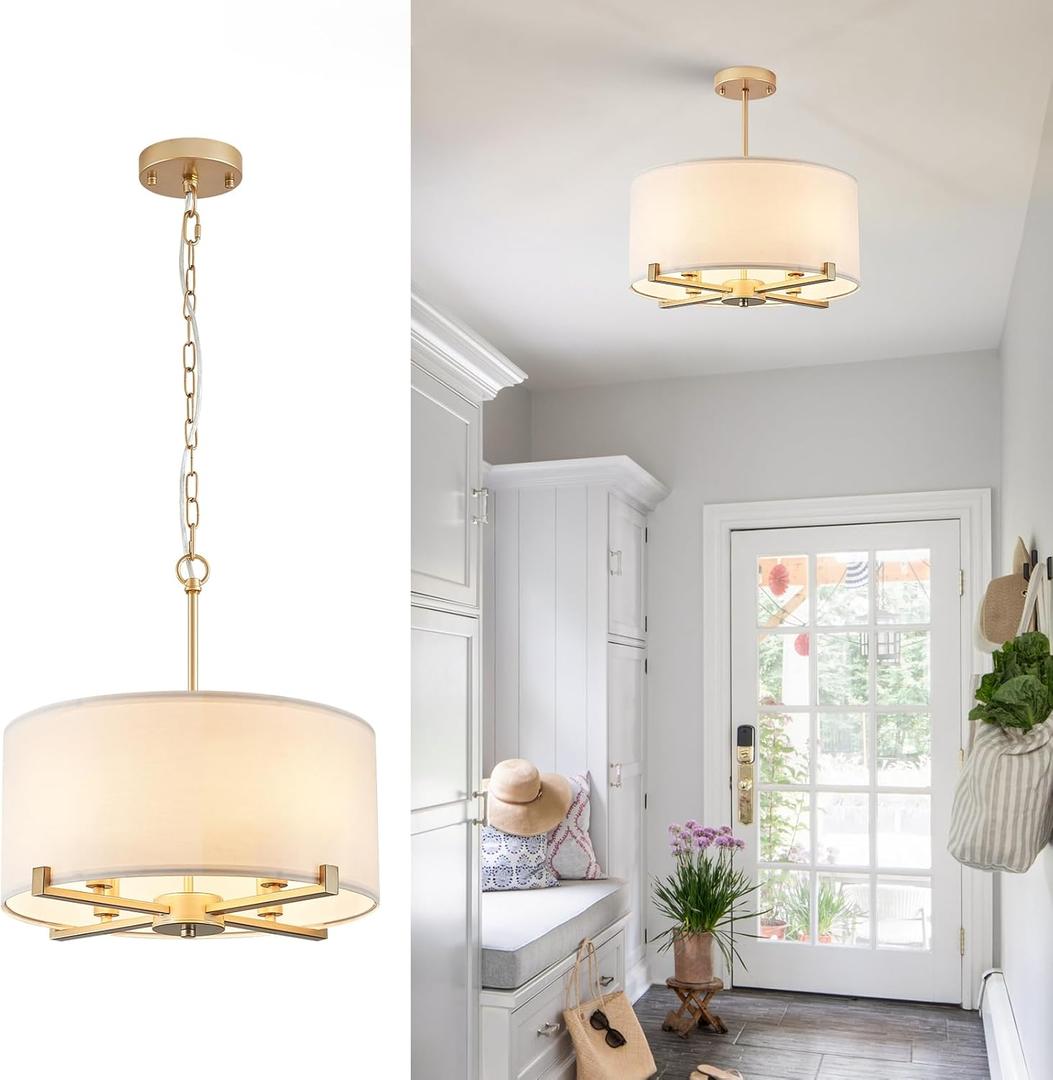 Modern Drum Chandelier 18 White and Gold Pendant Light Fixture Round Fabric Shade 4 Lights Semi Flush Mount Hanging Ceiling Chandelier for Dining Room Bedroom