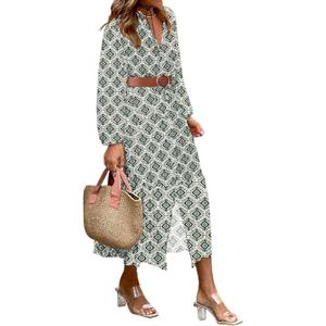 LOLONG Women's Casual Button Front Midi Dresses Spring 2025 Puff Long Sleeve Printed Ruffle Hem Boho Flowy Dress (M)