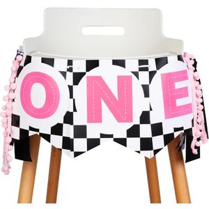 JOYMEMO Fast One Birthday High Chair Banner - Pink Black Race Car 1st Birthday Party Decorations, Girl, One Year Old Baby Photo Props Souvenir Gifts, Racing Car Party Supplies