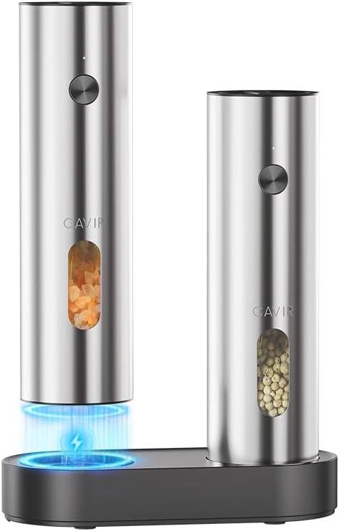 Cavir Electric Salt and Pepper Grinder Set with Charging Base,Upgraded Large Capacity, Automatic Salt and Pepper Mill Set LED light & 6-Level Adjustable Coarseness, Ideal for Home Kitchen BBQ