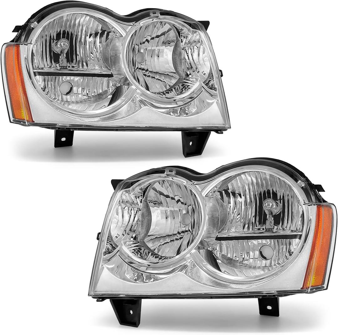 Headlight Compatible with Jeep Grand Cherokee 2005 2006 2007 Chrome Housing Amber Reflector Replacement Pair (Chrome Housing Amber Reflector Clear Lens)