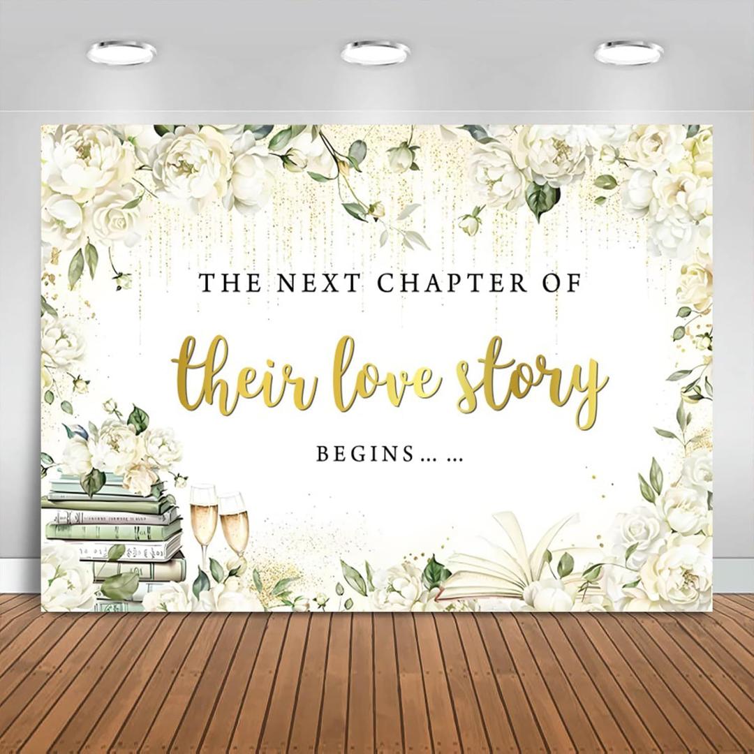 7x5FT Wedding Backdrop White Floral The Next Chapter of Their Love Story Begins Photography Background Bridal Shower Engagement Wedding Party Decorations Banner Photo Booth Props