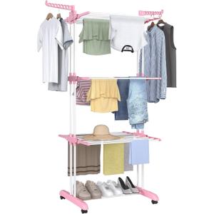 Bigzzia Clothes Drying Rack, Folding Stainless Steel Clothes Horses Rack Indoor Outdoor, 4 Tier Laundry Drying Rack with Two Side Wings -Pink