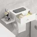 Lifewit Plastic Toilet Paper Holder with Shelf and Drawer, Screw or Adhesive Wall Mount Tissue Roll Storage, Sturdy Bathroom Wipes Dispenser Organizer, White, 1 Pack