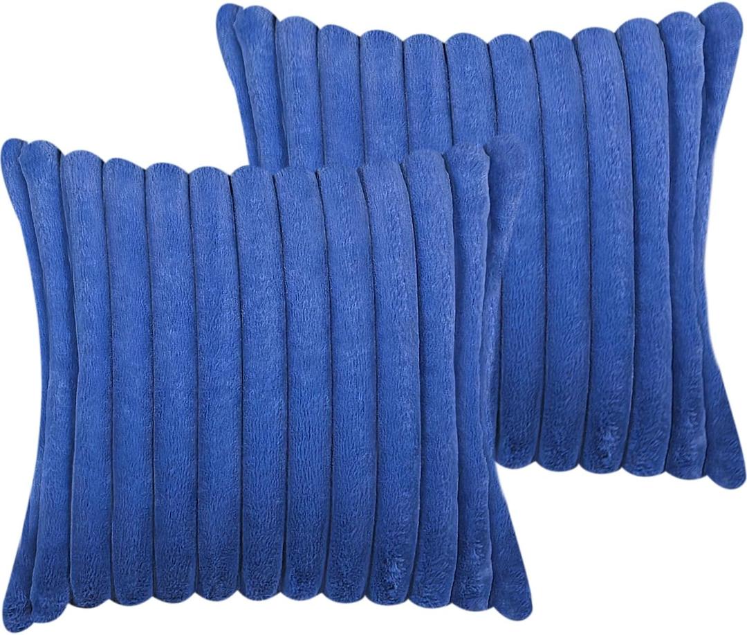18x18 Throw Pillow Covers Set of 2, Decorative Faux Fur Covers for Bed, Couch Soft Fluffy Pillow Cover with Velvet Back for Living Room, Neutral Home Dcor Accent for Sofa - Blue