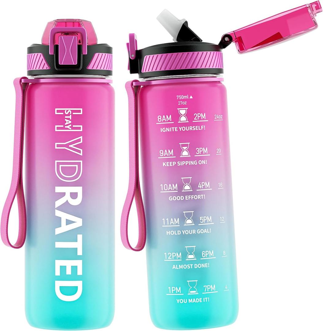 Water Bottle with Straw, 27oz Motivational Water Bottles with Time Marker to Drink, Tritan BPA Free, 750ml Sports Water Bottle with Carry Strap LeakProof for School Fitness Outdoor (1Pack) (Purple Green)