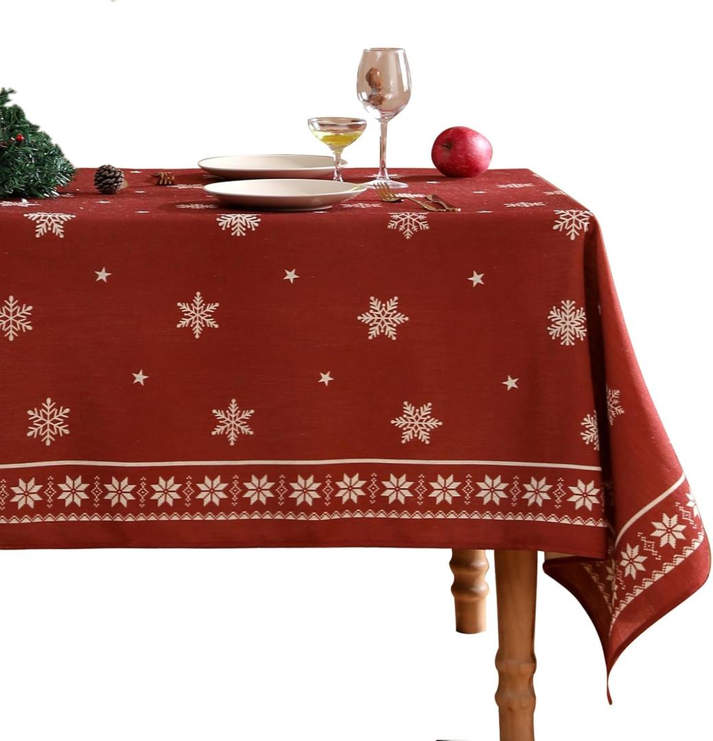 ISAENNE Designer Christmas Red Small Rectangular Tablecloth,Linen Table Cloth with Snowflakes Pattern,Wrinkle Resistant Decor Tablecloths for Dining Kitchen Thanksgiving Christmas,55"*71"-Carol C