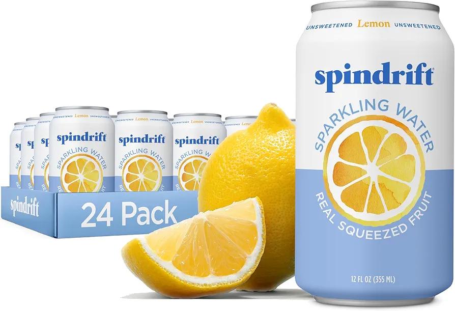 Spindrift Sparkling Water, Lemon Flavored, Made with Real Squeezed Fruit, 12 Fl Oz Cans, Pack of 24 (Only 3 Calories per Can) BBD: 10-11-25