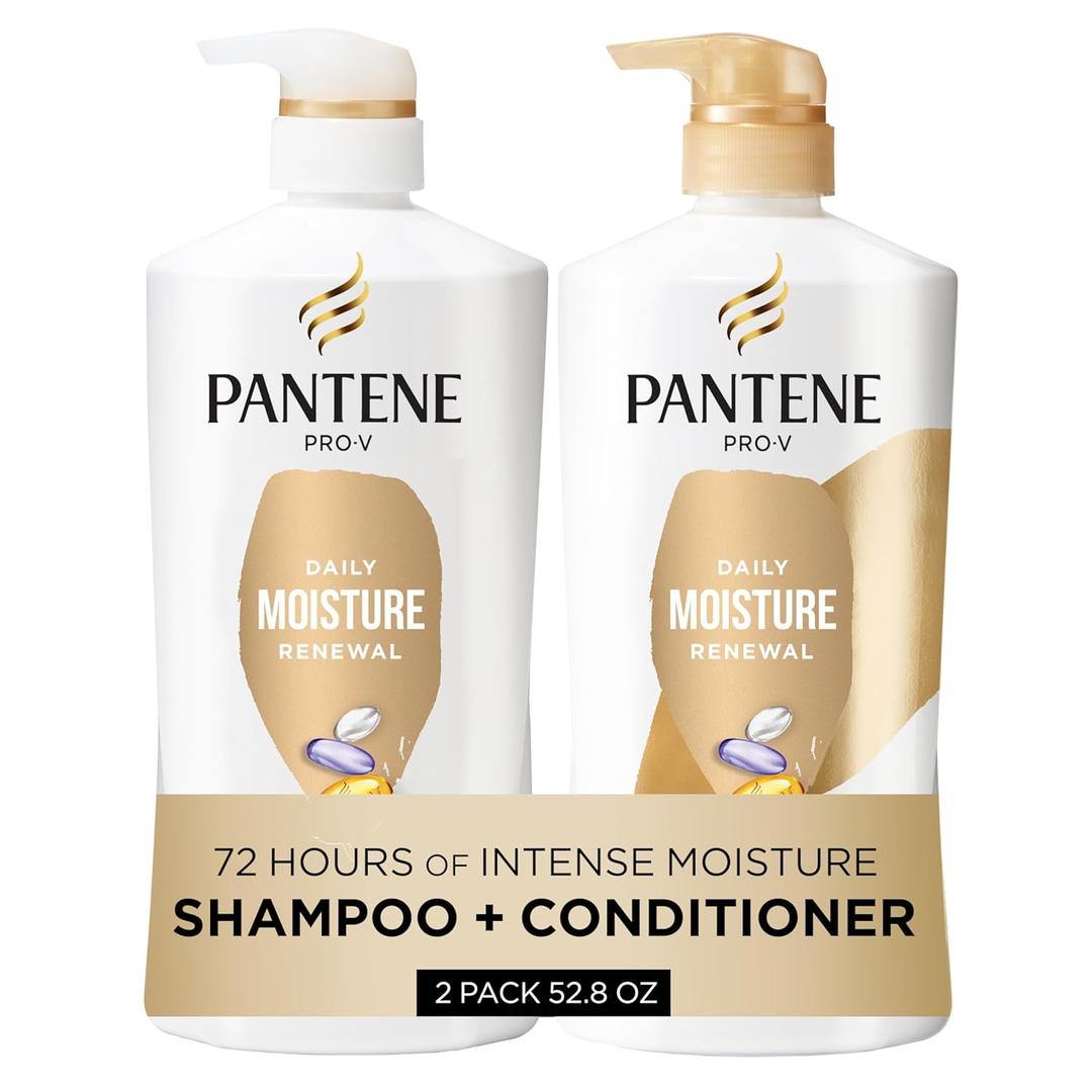 Pantene Shampoo & Conditioner Set, Daily Moisture Renewal - Pro-V Nutrients for Dry, Color-Treated, Straight to Curly Hair, 72-Hour Hydration & Softness, 52.8 Oz Total + Miracle Rescue Shot (0.5 Oz) (26.4 Fl Oz (Pack of 2))