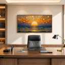 Large Abstract Sun Wall Art, Modern Sunset Ocean Canvas Painting, 24x48 In