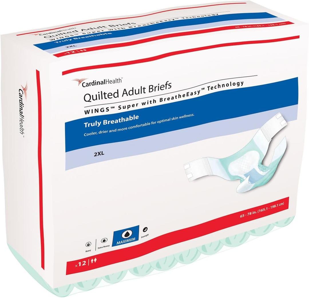 Cardinal Health Quilted Adult Briefs, Wings Super with BreatheEasy Technology, Maximum Absorbency, XX-Large - Case of 48