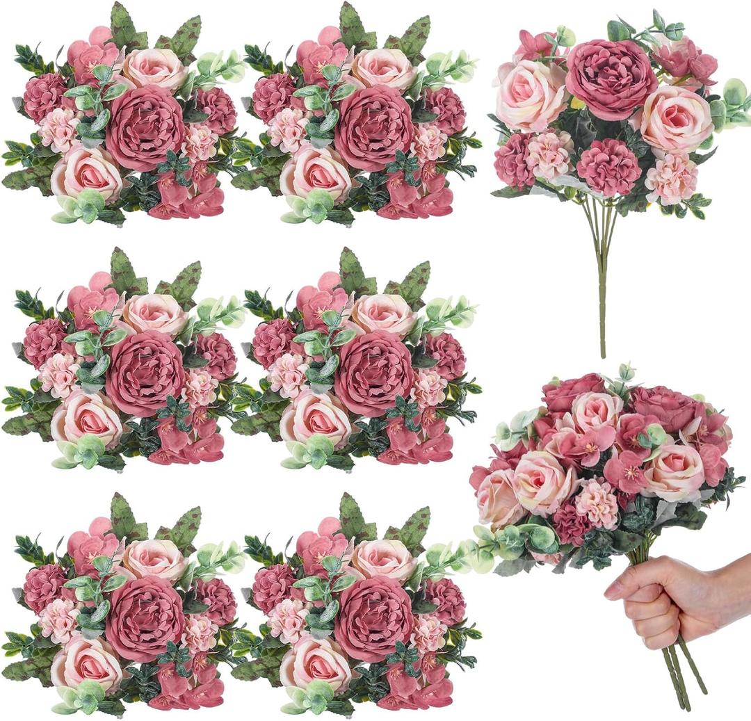 6 Pcs Artificial Peony Silk Florals Fake Mix Silk Peony Rose Faux Flower Hydrangea Bouquet Elegant Realistic Wedding Floral Centerpiece for Home Party Table Arrangement (Champagne with Red)