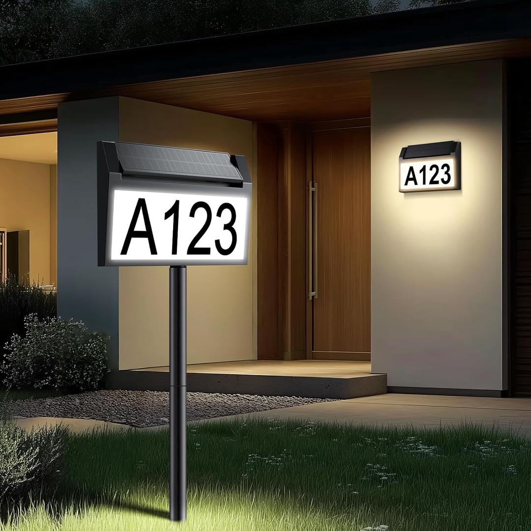 Solar House Number Sign, deerdance LED Illuminated Outdoor Address Plaque with Smart Control, 3-Color in 1 Waterproof Solar Powered House Number Light with Stakes for Outside Home, Yard, Street, House