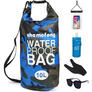 Waterproof Dry Bag 5L/10L/15L/20L/30L Roll Top Dry Storage Backpack with Phone Case, Collapsible Water Bottle, Sunglasses, Ear Band for Kayaking Boating Swimming Fishing Camping, Blue 30L