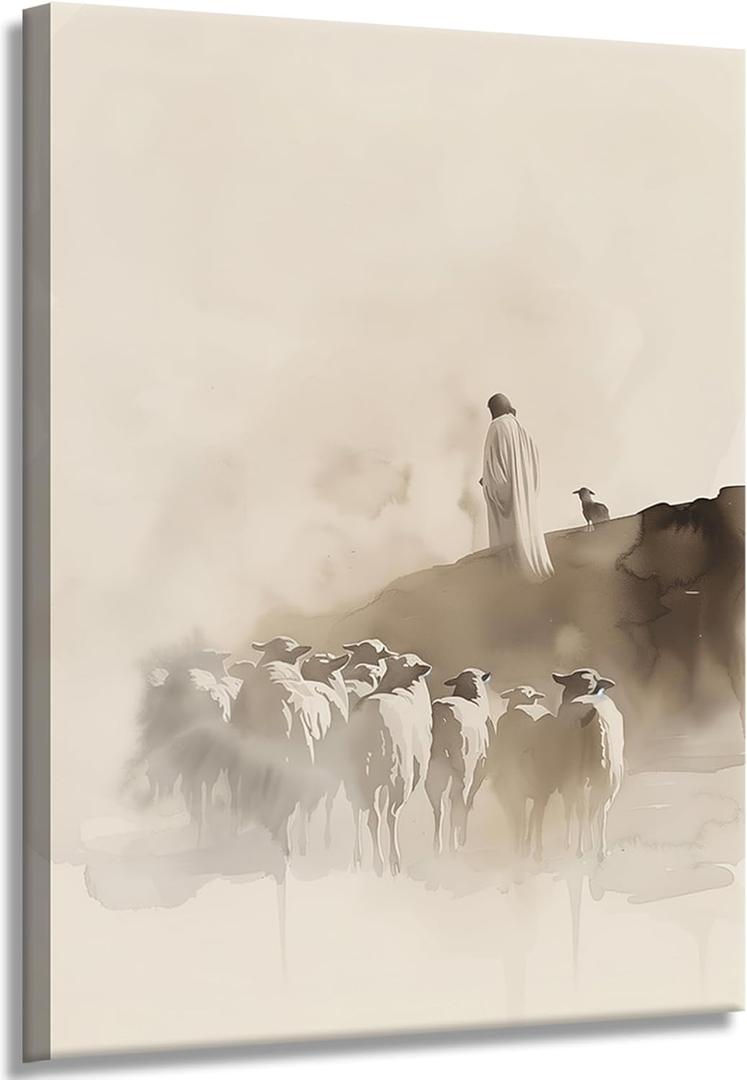 Jesus leaving 99 sheep Canvas Wall Art Jesus and Lamb Wall Decor Picture Good Shepherd Poster Print Bible Story Painting Artwork for Bedroom Home Room Decoration Prepare To Hang 16x24in
