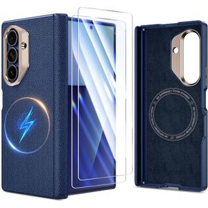 for Samsung Galaxy Z Fold 7 Case with Screen Protector, [One Piece Box-Style Case] [Compatible with Magsafe] [Hinge Protection] Slim Thin Full Body Shockproof Leather Phone Cover for Z Fold7 - Blue