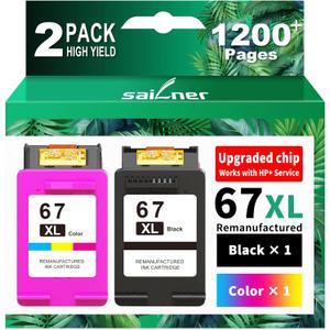 SAILNER 67XL Ink Cartridges Black/Color Combo Pack Replacement for HP Ink 67 HP67XL (2-Pack High Yield) Compatible with HP DeskJet 2755e 2855e 2700e 4155e 2734e 2827e 4100e Envy 6055 6455e Printer