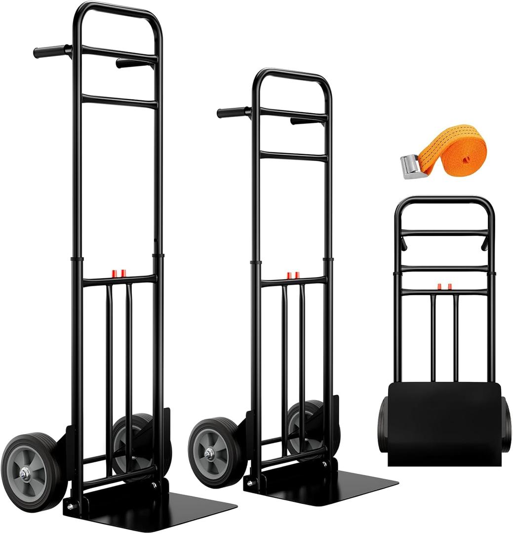 Folding Hand Truck Heavy Duty, 600 LB - 800 LB Moving Dolly Cart, Compact Foldable Alloy Steel Design, Adjustable 47.5"/51.5", 8" Solid Rubber Wheels, Ideal for Warehouse, Home, Office, Small Business