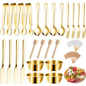 Cheese Butter Spreader Knives Set Charcuterie Board Accessories Stainless Steel Spreader Knives Forks Spoons Mini Serving Tongs Small Dipping Bowls Toothpick Flags Utensils for Pastry Making (Gold)