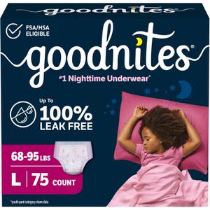 Goodnites Girls' Nighttime Bedwetting Underwear, Size Large (68-95 lbs), 75 Ct (3 Packs of 25)