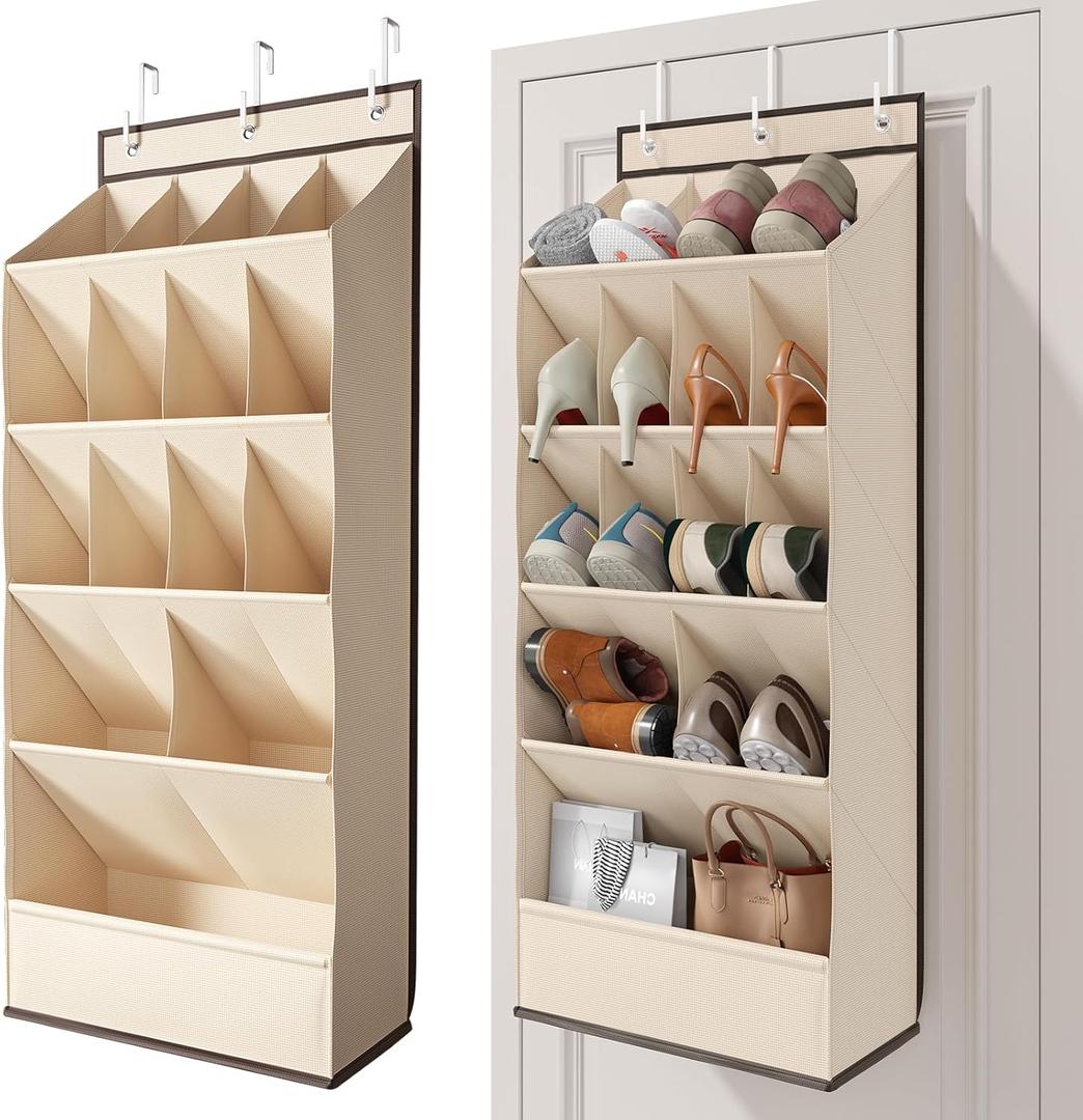 15 Pockets Over the Door Shoe Organizer, Shoe Rack for Closet Door with Large Breathable Pockets, Hanging Shoes Rack for Boots Size, Behind the Door Organizer Shoe Holder for Flexible Storage, Beige