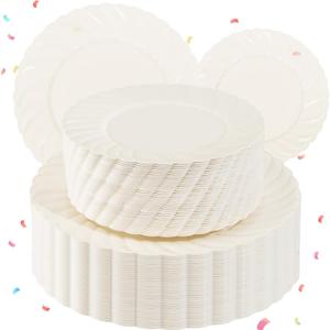 U-QE 100 Piece Ivory Scalloped Plastic Plates for Party - Plastic Plates Disposable Heavy Duty - High End Disposable Plates for Party Including 50PCS 9'' & 50PCS 6.5''