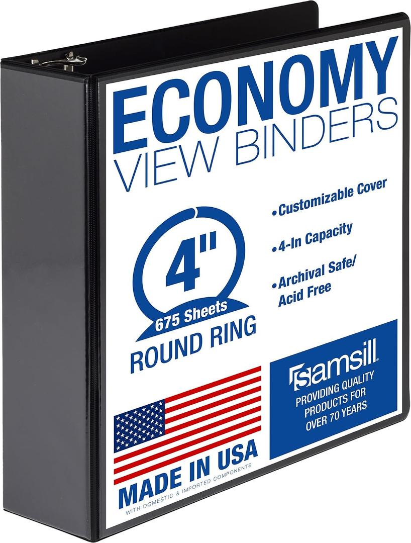 Samsill 4 Inch 3 Ring Binder, Economy Round Ring, Clear View Cover, 675 Sheet Capacity - for School, Home, Office - Black