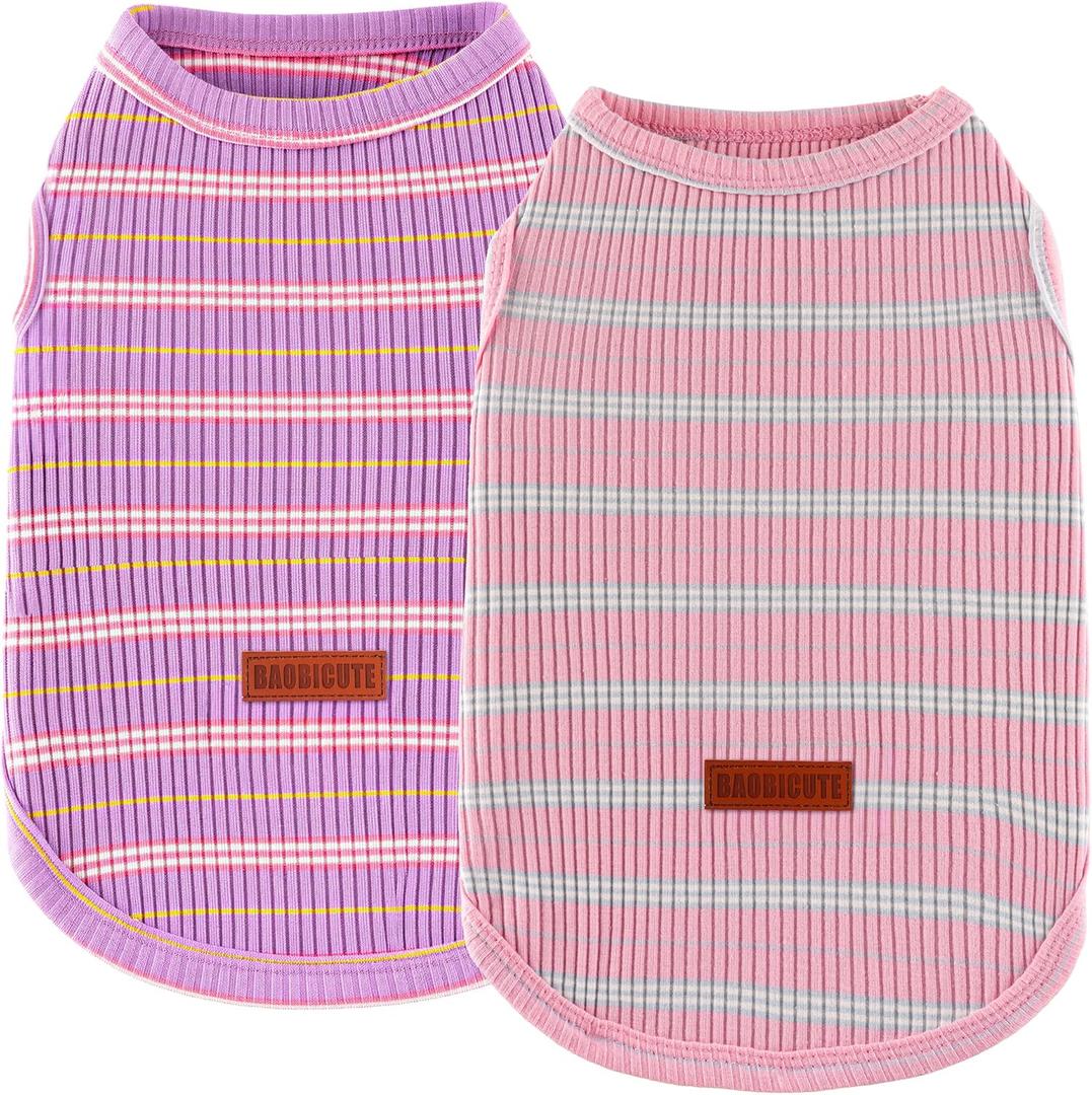 2Pack Dog Shirt Cotton Striped T-Shirts Stretchy Comfortable Pet Vest for Puppy and Cat Super Soft Dog Shirts Vest Sleeveless Breathable Basic Clothes for  Boy Girl Dogs (XL(Back: 17.7", Chest: 22.8", 19.8-29.8lbs), Purple Pink + Pink Blue)