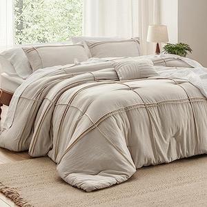 Bedsure Twin Comforter Set - 3 Pieces Grid Pleat Bed Set, Beige Boho Bedding for All Season, 1 Soft Comforter, 1 Pillowcase, 1 Decorative Pillow