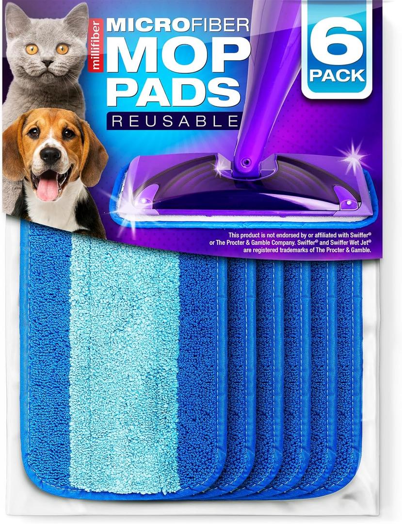 Reusable Mop Pads Compatible with Swiffer WetJet (6 Pack) - Microfiber Mop Refill for Wet Mopping Cloths - Hardwood Floor Cleaning Spray Pads are Reusable Replacements (Blue (Wet/Dry))