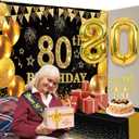 80th Birthday Decorations Men Women with 80th Birthday Banner, Black and Gold Table Cloth, Number Balloons, Large Sash, Cake Topper and Candles