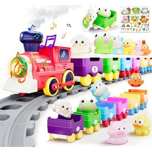 Toddler Train Track Toys,Electric Farm Animal Train Set, Realistic Steam Lights Sound, Interactive Boy Gift Toy, Animal Finger Play, Barn Number Game，Educational Gifts for Smart Kids 1 2 3 Years Old