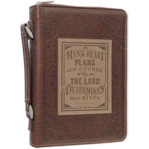 Christian Art Gifts Men's Classic Bible Cover A Mans Heart Proverbs 16:9, Brown/Tan Faux Leather, Large
