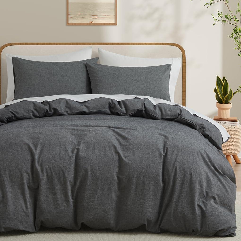 LOVQUE 100% Washed Cotton Duvet Cover Queen Size, Grey Fade-Resistant Natural Bedding Set (No Comforter), 90x90 Inches