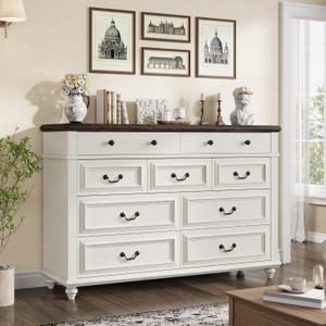 Jocoevol Farmhouse 9 Drawer Dresser, 54" Wide Cream Bedroom Dressers, Vintage Design Wide Dressers, Dresser for Bedroom with Natural Texture for Living Room, Hallway, 16.1"D x 53.5"W x 36.2"H