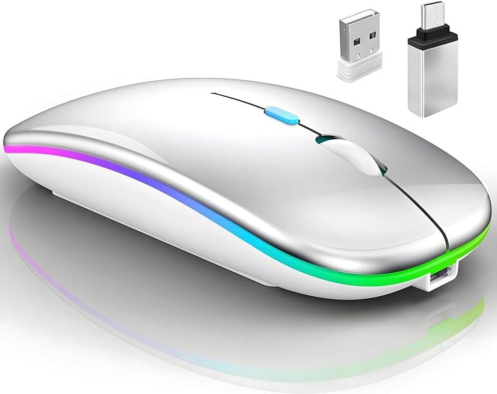 Wireless Bluetooth Mouse for MacBook Air/Mac/Pro/Laptop/Computer/PC, Rechargeable Dual Mode Switch Mouse Bluetooth 5.2/3.0 and 2.4GHz USB Receiver (Silver)