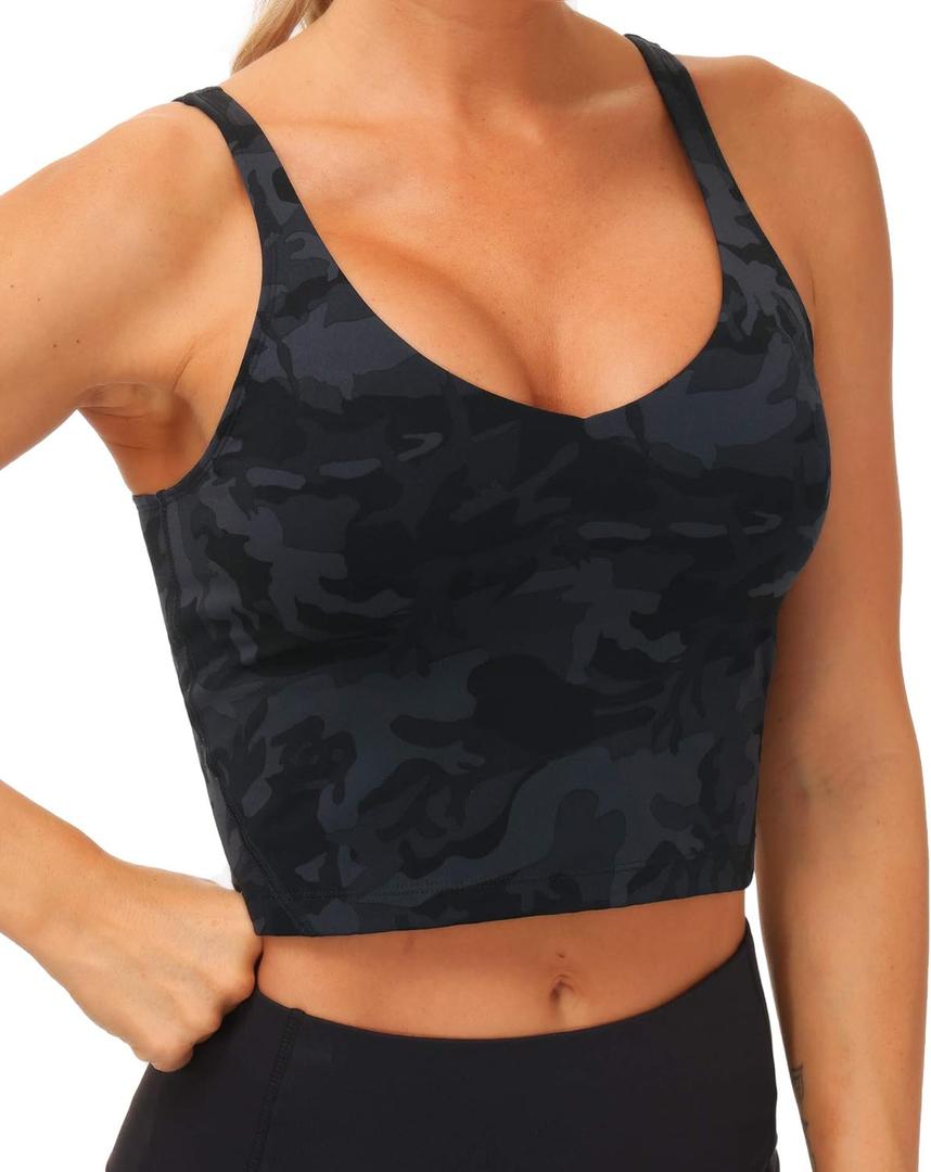 THE GYM PEOPLE Womens' Sports Bra Longline Wirefree Padded with Medium Support (X-Large, Blackgrey Camo)