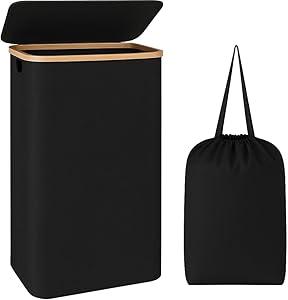 LONBET Laundry Basket with Lid, Made from Breathable Fabric | Aesthetic Clothes Hampers for Laundry with Side Handles & Sturdy Bamboo Frame (13 Gallons - Box, Black)