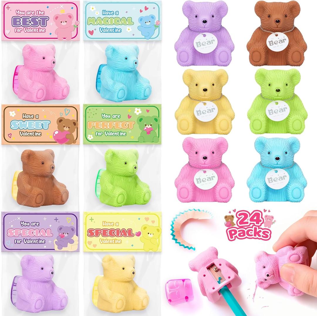 Valentines Day Gifts for Kids Classroom, 24 Packs Valentines Cards with Bear Eraser & Sharpener, Party Favors for School Exchange Boys Girls
