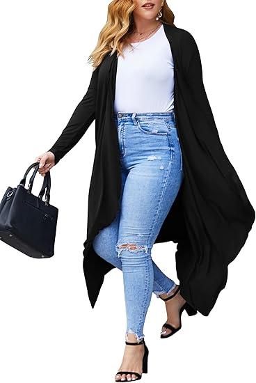 IN'VOLAND Women's Plus Size Cardigan Long Sleeve Open Front Drape Cardigans Lightweight Long Duster, Size 1XL
