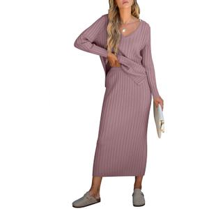 ANRABESS Women's 2 Piece Outfits Sweater Skirt Sets Casual Long Sleeve V Neck Ribbed Knit Tops Midi Dress 2025 Fall Fashion Light Purple Small (S)