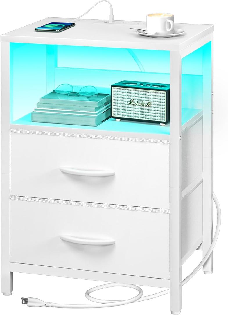 Yoobure Nightstand with Charging Station, LED Night Stand with Fabric Drawers and Storage Shelf for Bedroom, Nightstands Bedside Tables with USB Ports & Outlets, Small Night Stands, Bed Side Table (White)